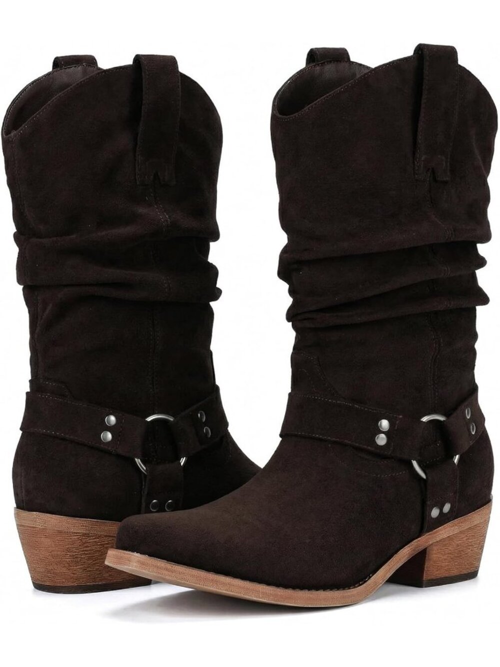 Women's Chocolate Mid Calf Slouchy Western Buckle Strap Chunky Heel Cowgirl Boot